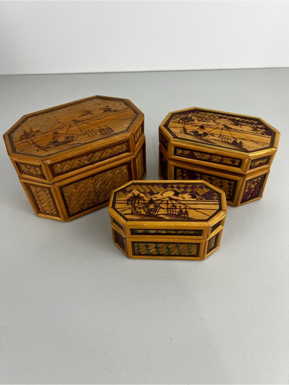 Vintage Hexagonal Woven Bamboo & Rattan Nesting Trinket Boxes - Set of 3